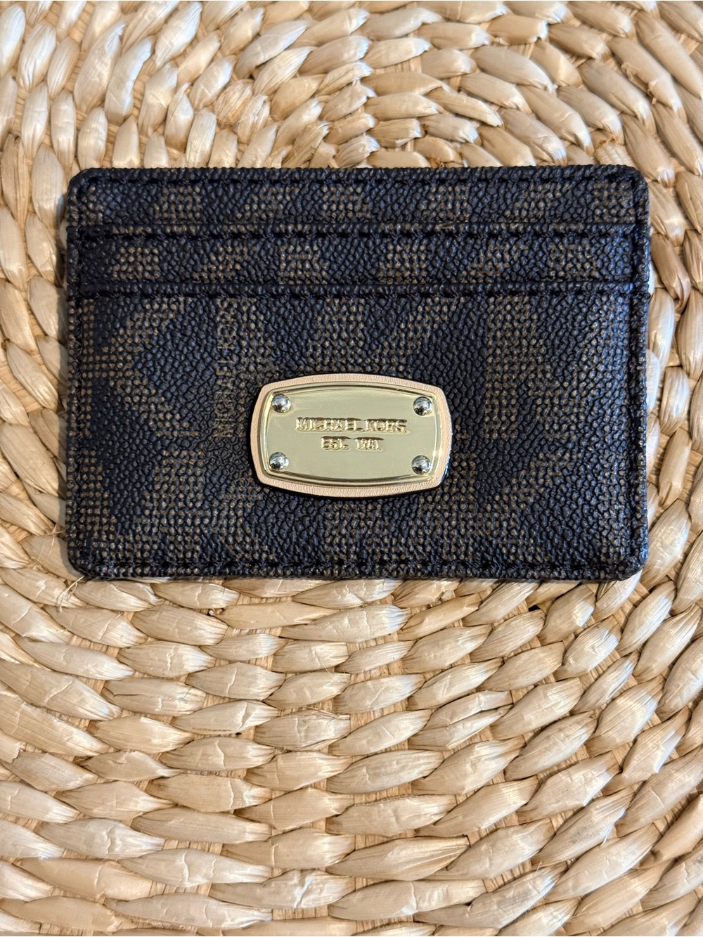 Michael Kors Brown Signature MK Monogram Card Holder Gold Logo